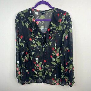 East 5th Rose Floral Top NWT Women Large Button Up Sheer Ruffle Neck Date Night